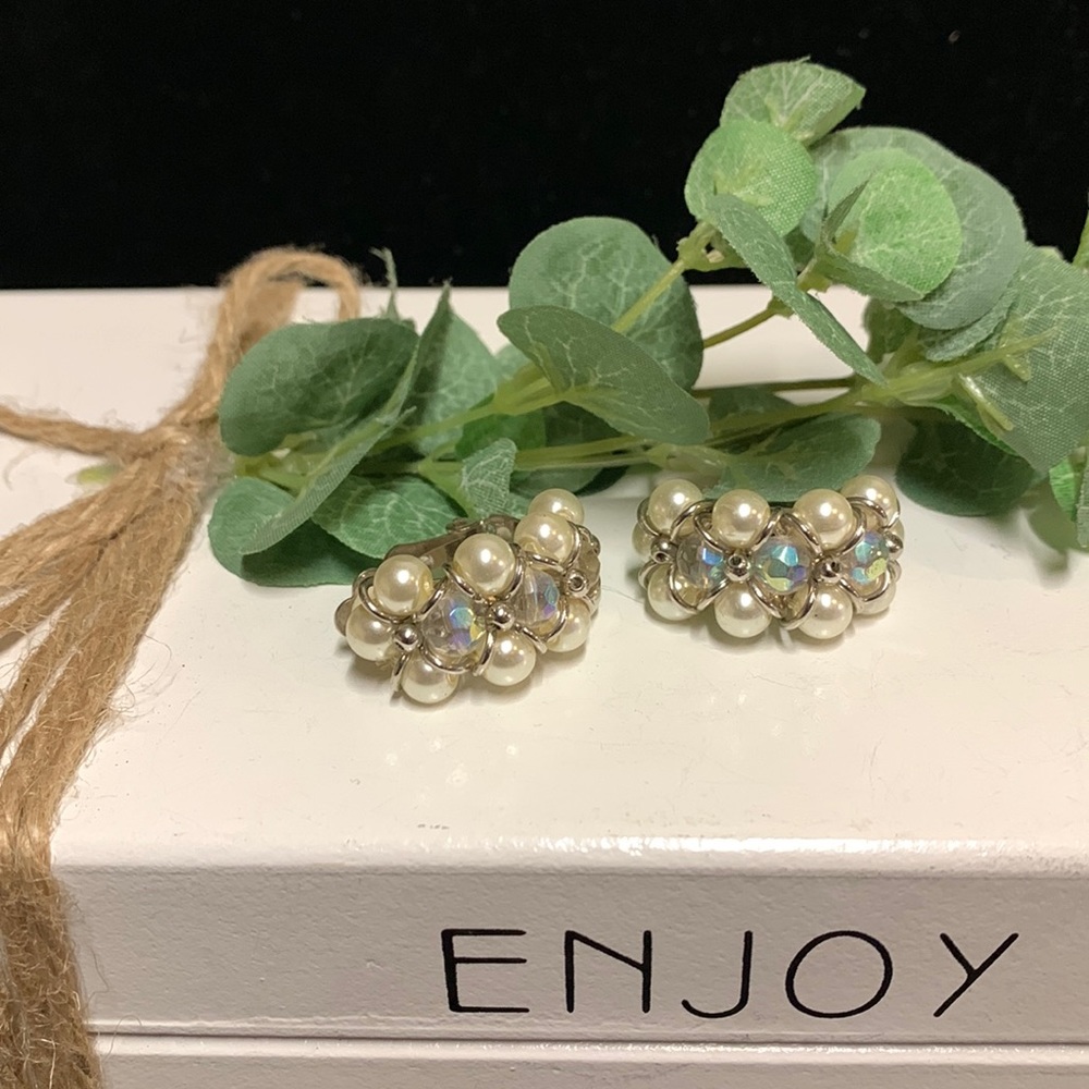 Vintage clip-on earrings! White pearl like stones! Cushion back Custom jewelry!